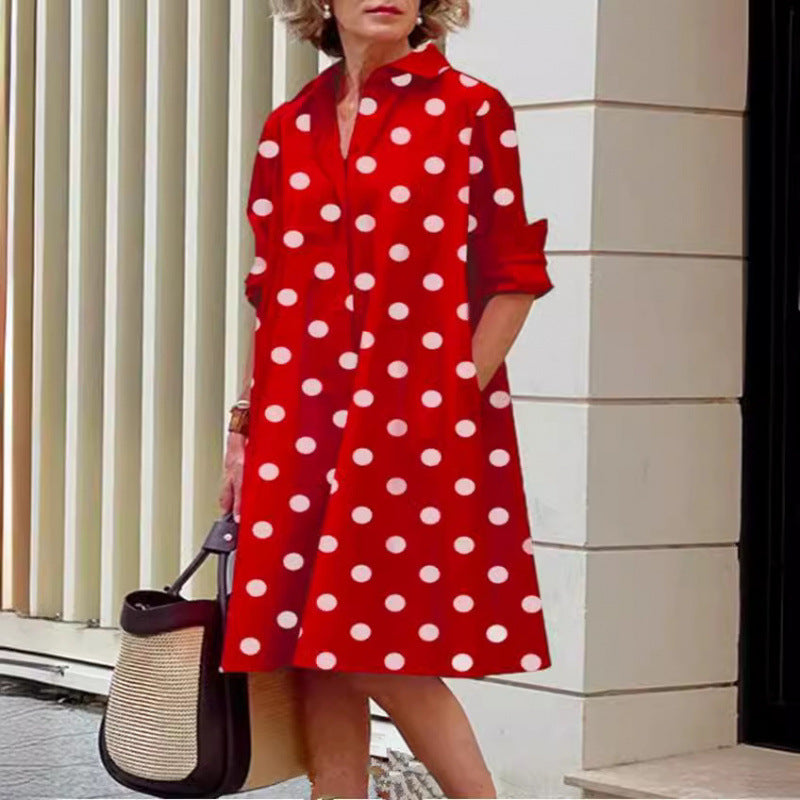 Elegant Polka-dot Printed Shirt-collar Mid-length Dress With Long Sleeves