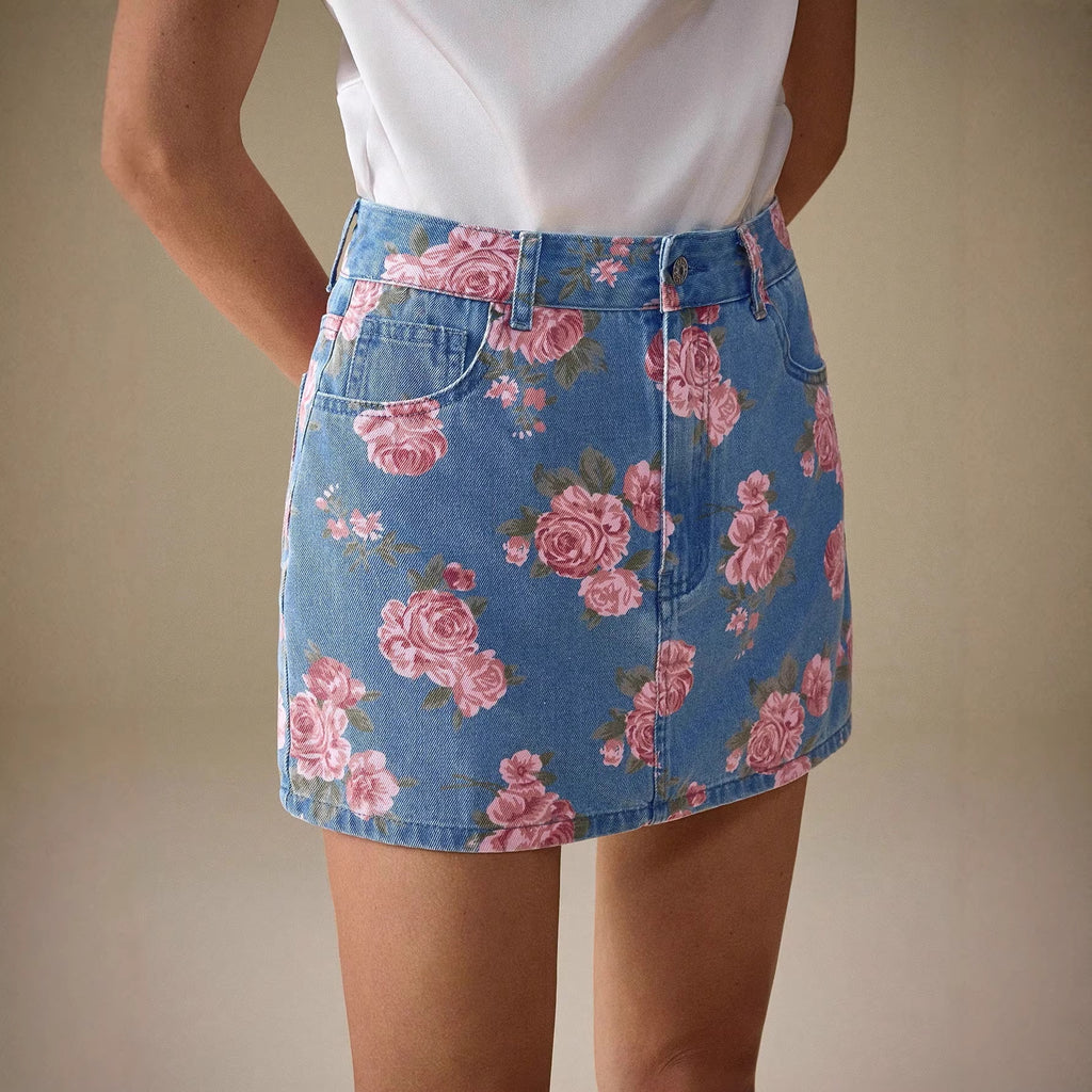 Versatile Casual Floral Fashion Denim Skirt With A Rose Print