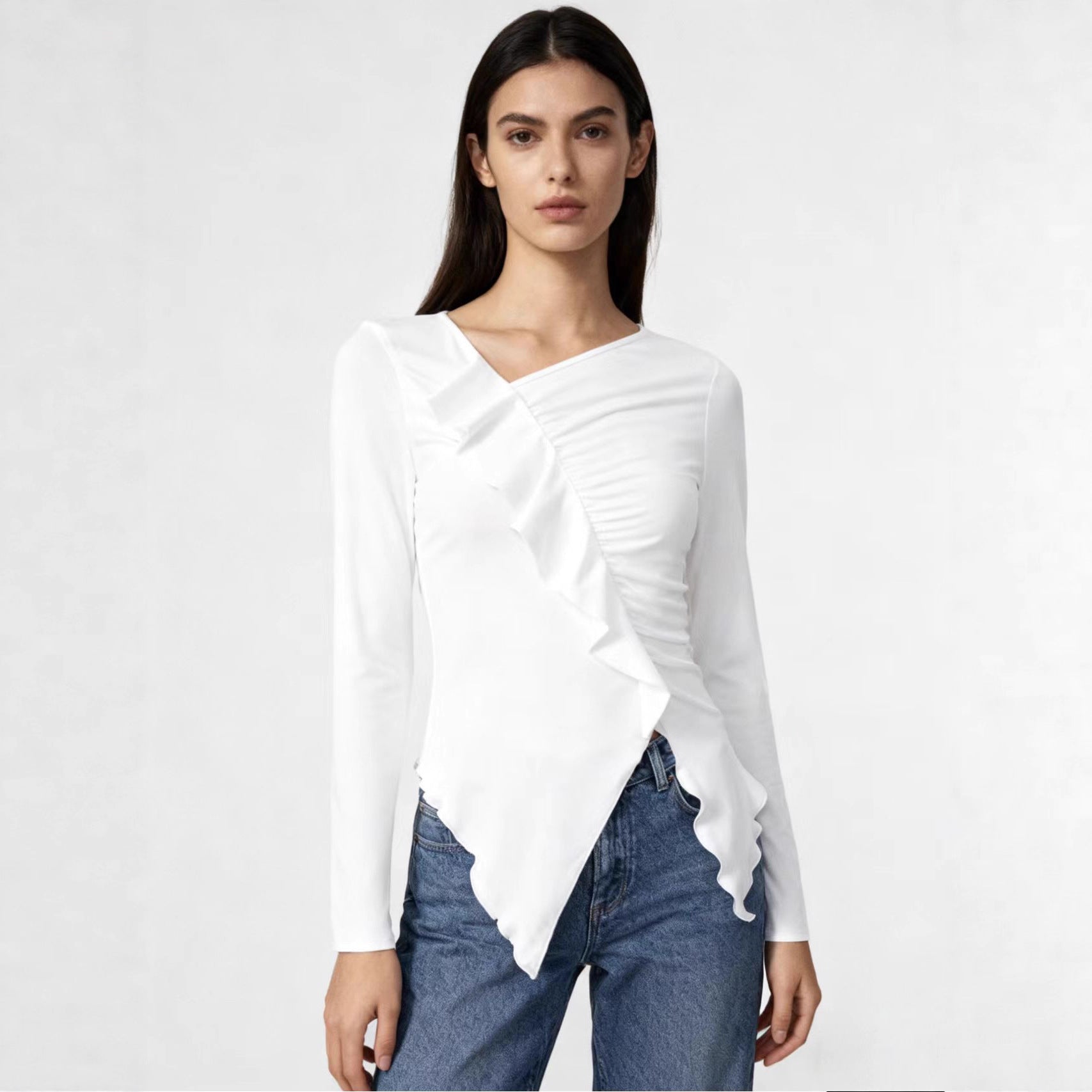 Pleated Ruffled Edge Square Neck Long Sleeve Base Shirt