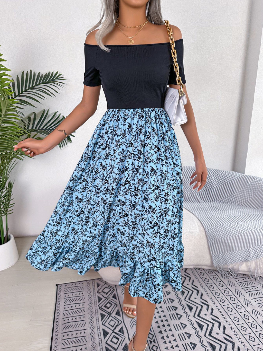 Women  Casual Off Shoulder Floral Print Ruffle Midi Dress