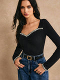 Women's Rhinestone-Embellished Slim-fit Long-sleeve T-shirt Fashion Base Layer Top