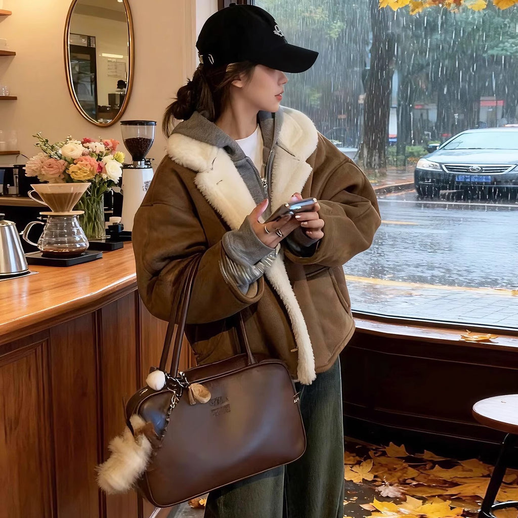 Winter Loose-fitting  Versatile  Fleece-lined  Thickened  And Warm Leather-and-fur Piece