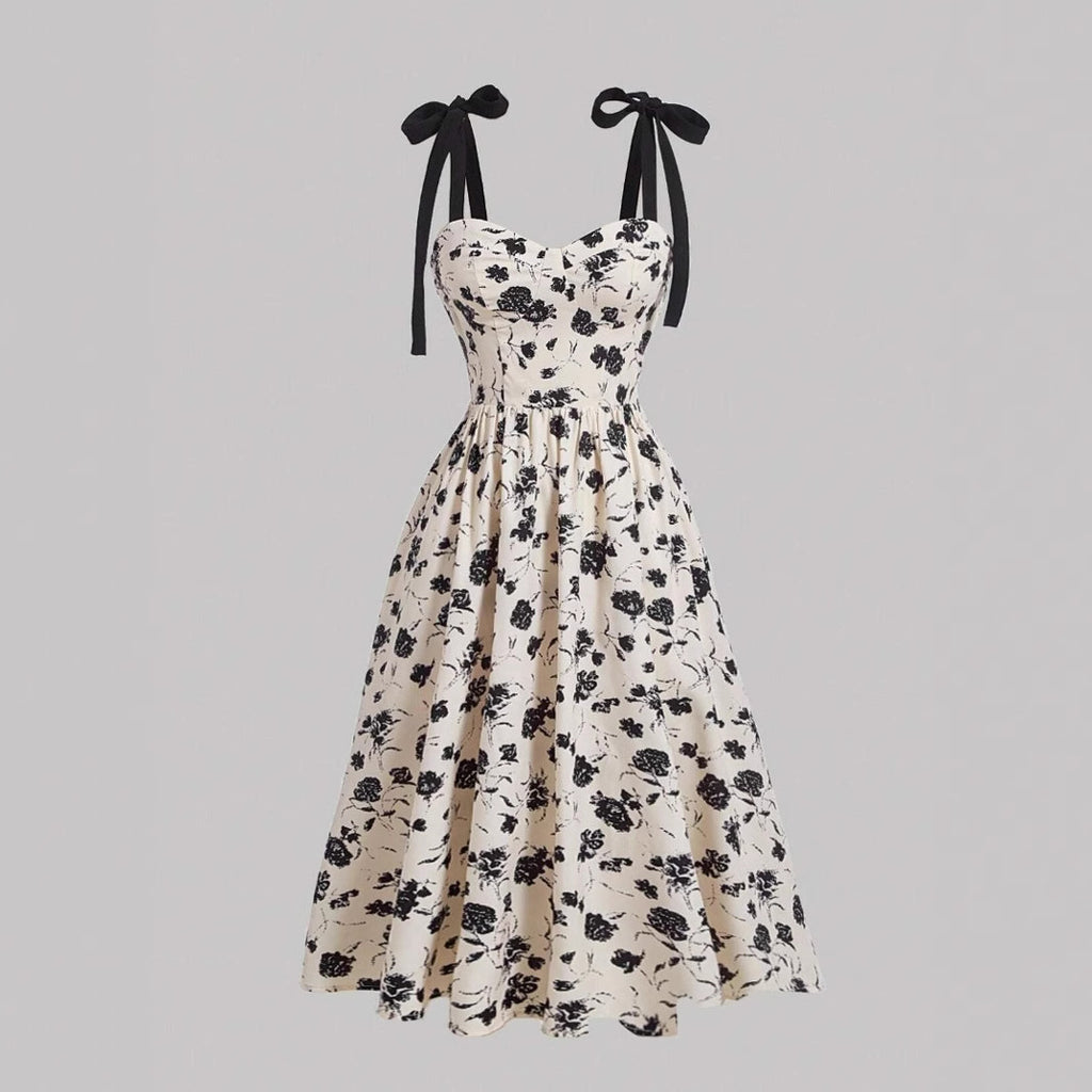 Elegant Lace-Up Shoulder With Floral Print Waist-Cinching Design Vacation-Ready Chic Casual Slip Dress