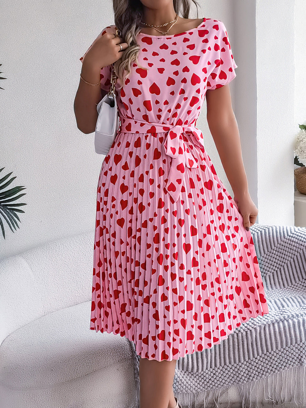 Women's Casual Color Block Heart Print Short Sleeve Tie Waist Pleated Dress