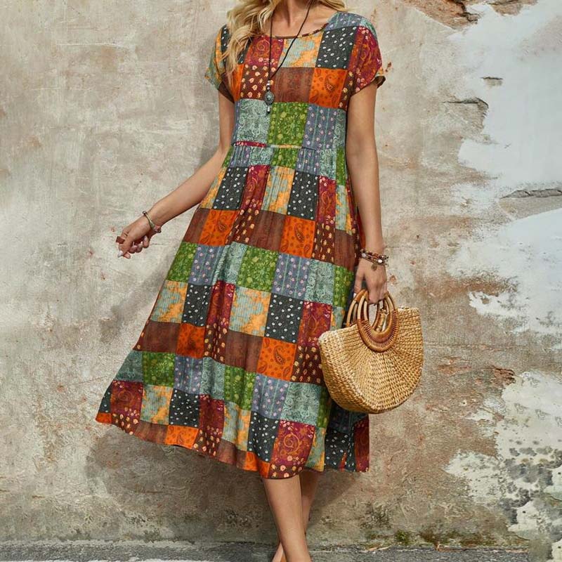 Womens Retro Colorful Polka-Dot Square-Printed Maxi Dress