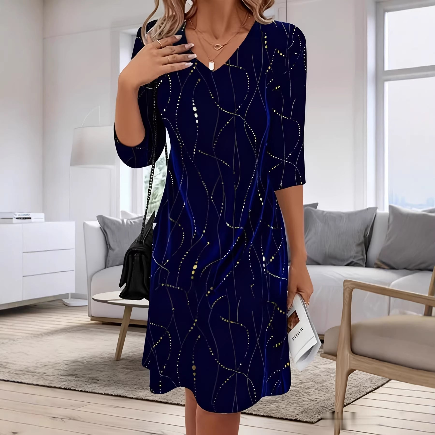 Womens Printed V-Neck Mid-Sleeve Dress