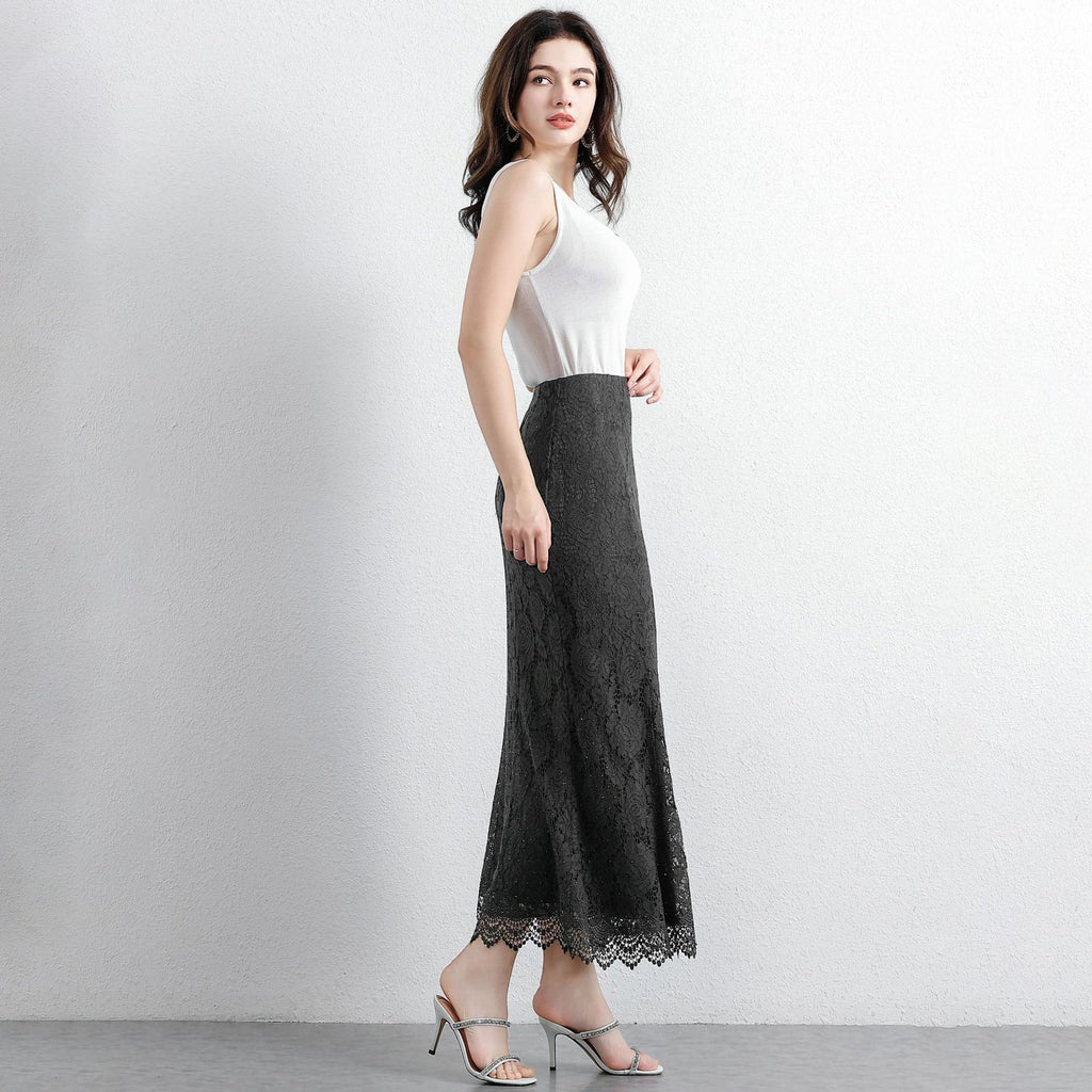 Hollow-out Rhinestone High-waist Figure-flattering Long Skirt