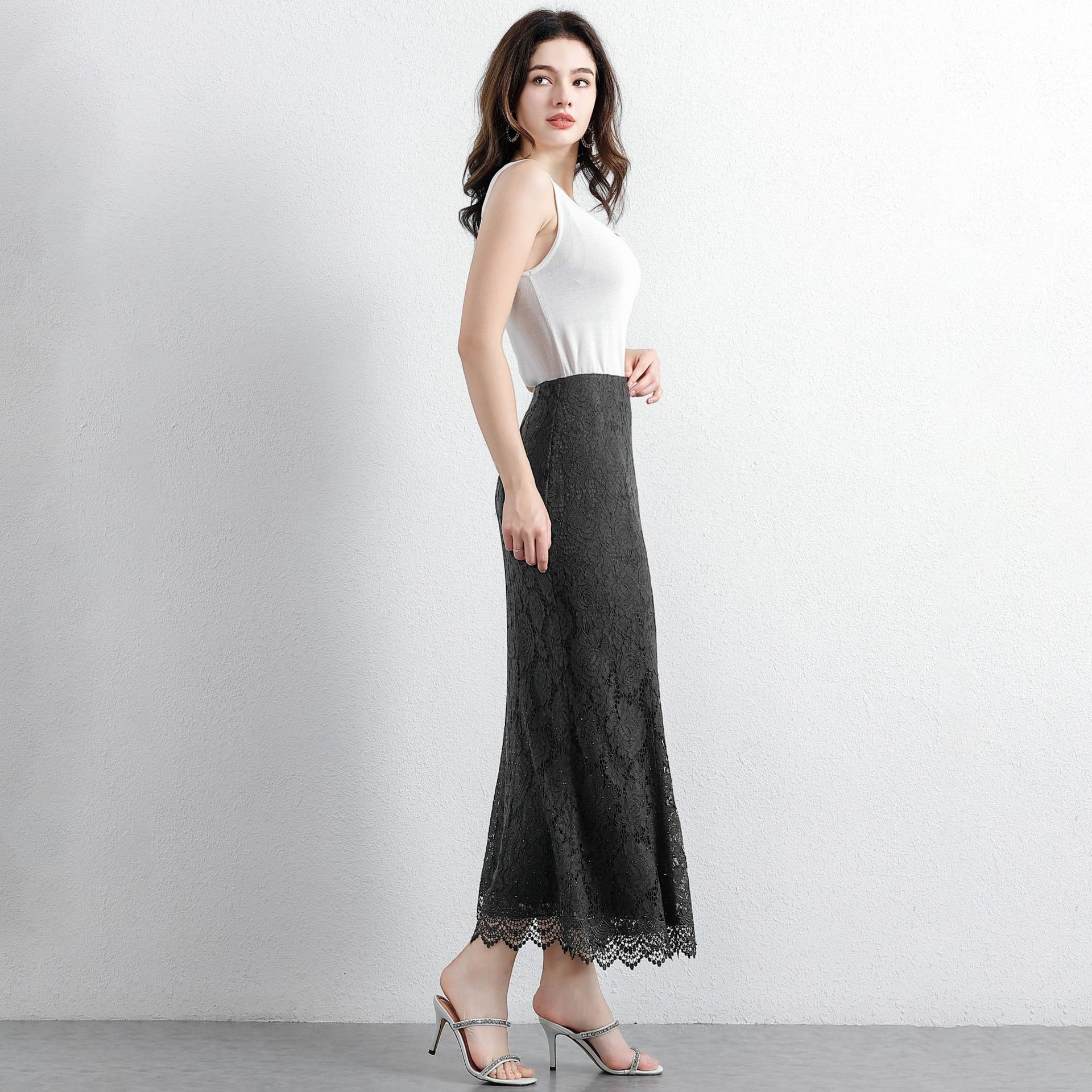 Hollow-out Rhinestone High-waist Figure-flattering Long Skirt