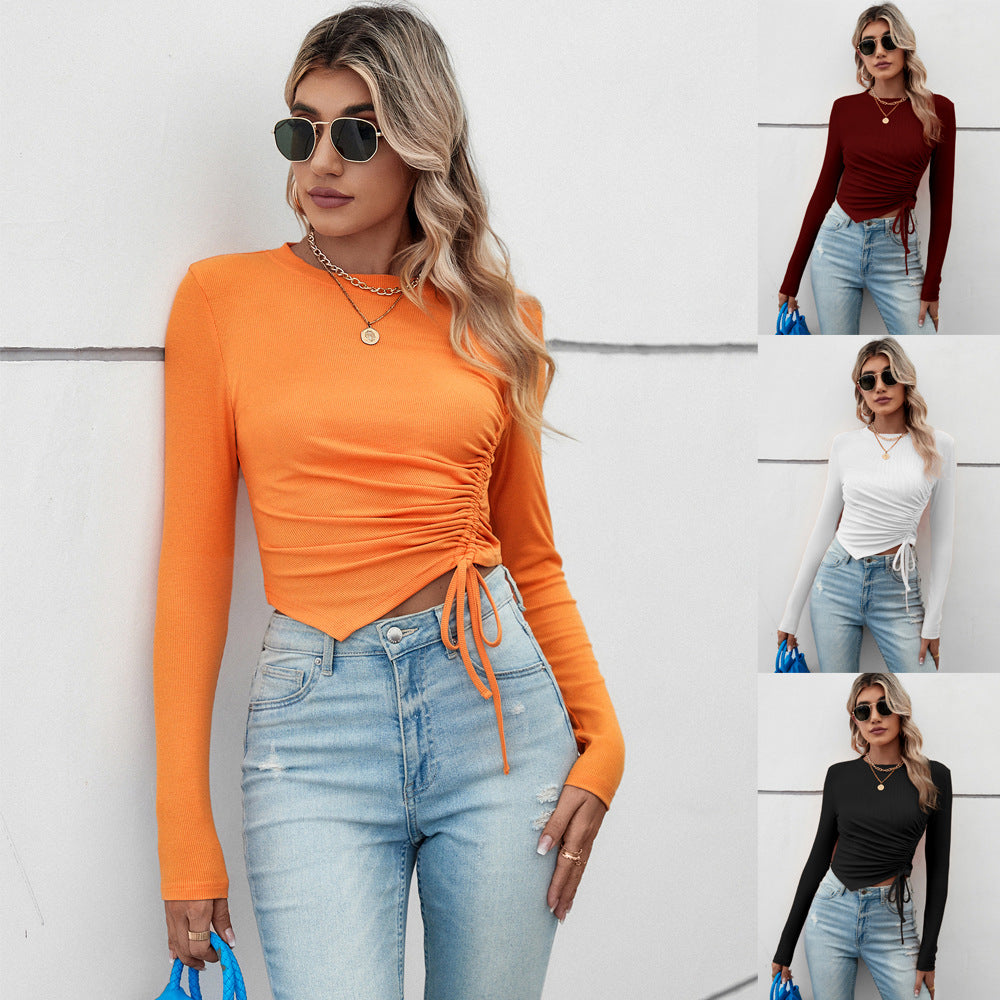 Casual Irregular Short Ruched Slim-fit Long-sleeve Women's Top