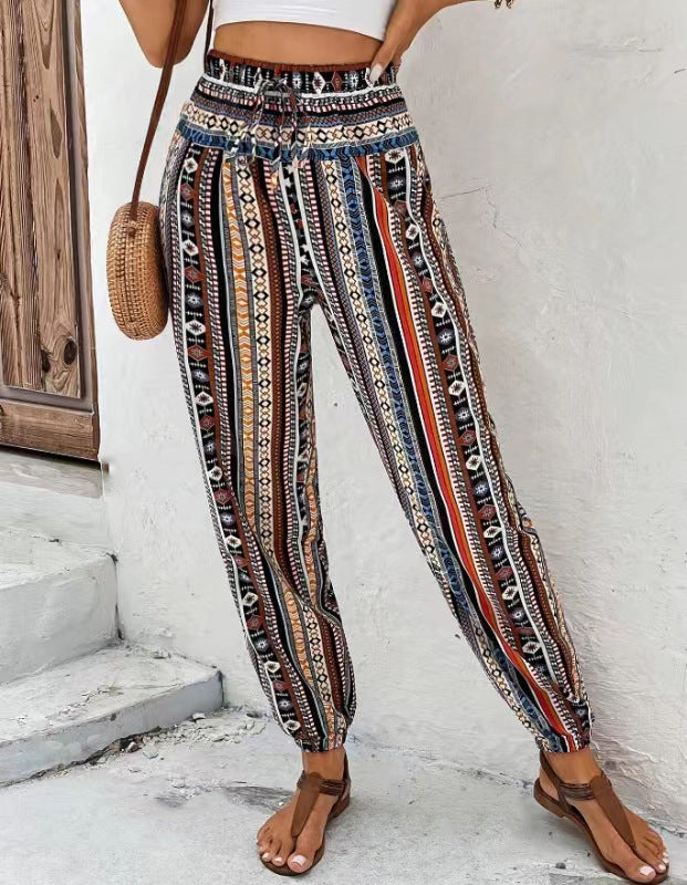 Loose Tampered Printed Drawstring Floral Print Casual Pants With Pockets