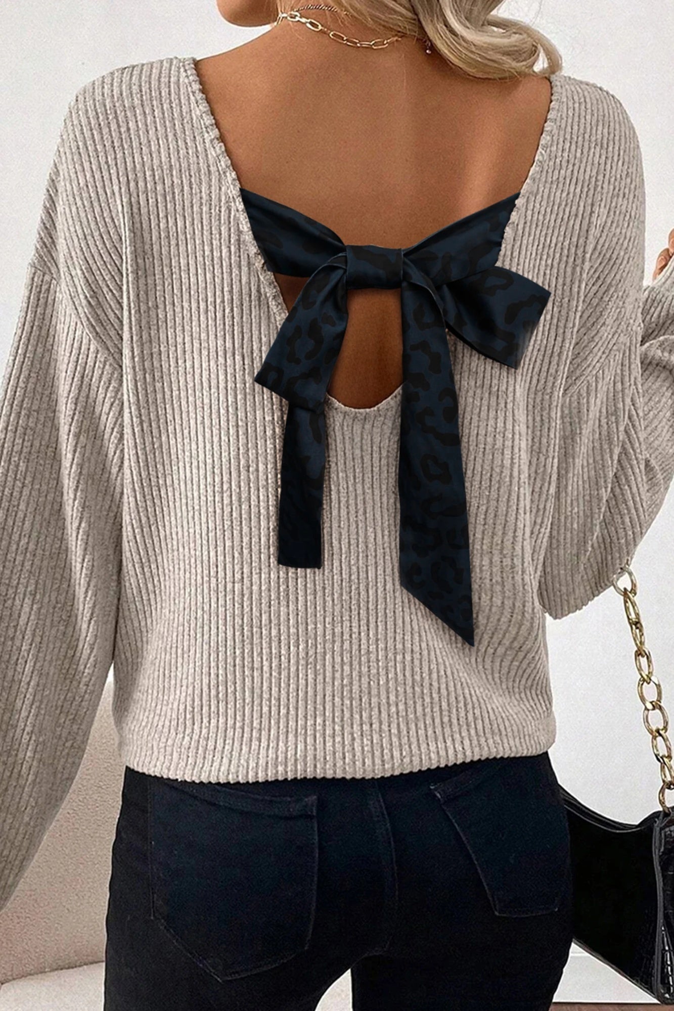Contrast-color Satin Ribbon Bow Backless Drop-shoulder Long-sleeve Top