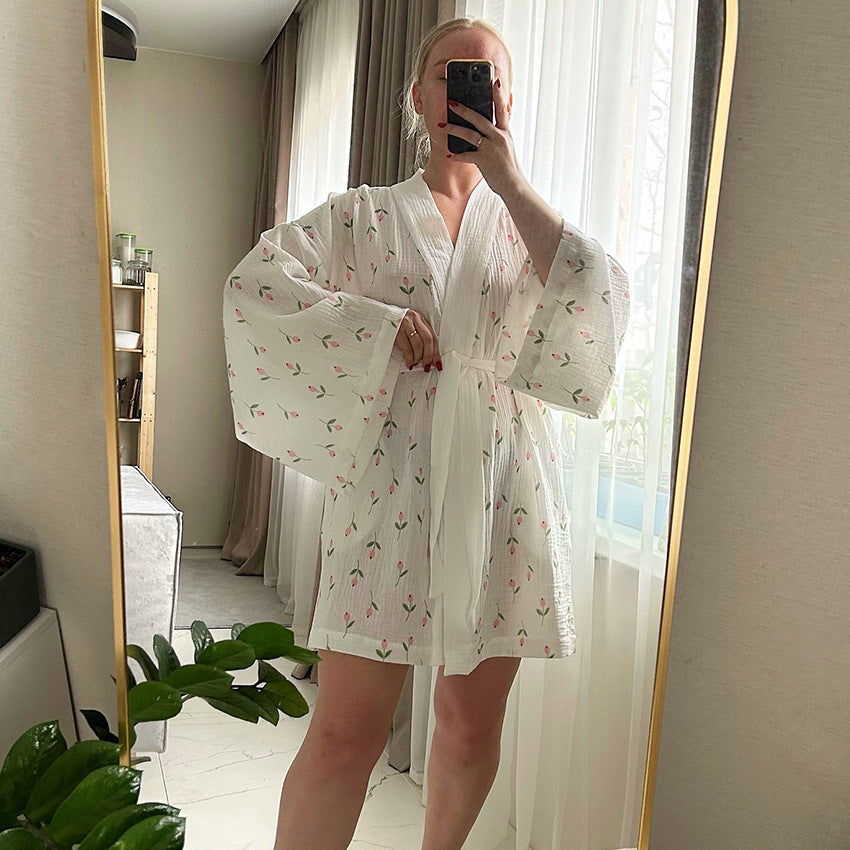 AutumnWinter Tulip-Print Long-Sleeve NightgownBathrobe