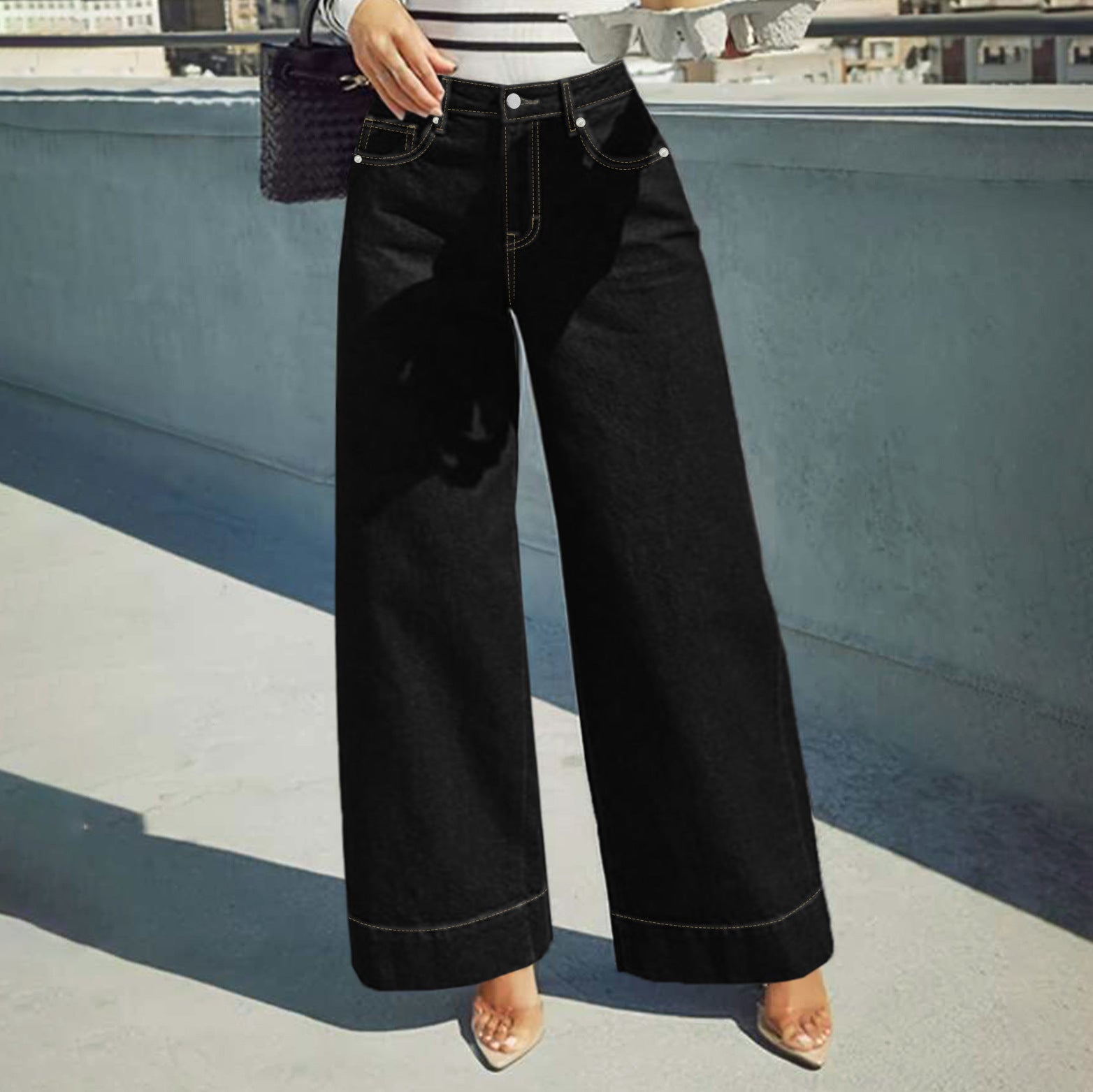 Womens Stylish Casual Black Wide-leg Jeans
