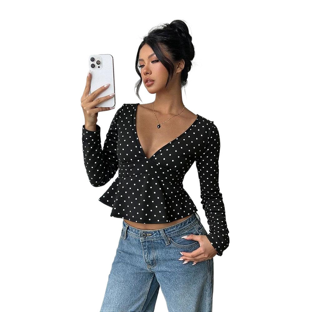 Retro Polka Dot V-neck Waist-cropped Long Sleeve T-shirt