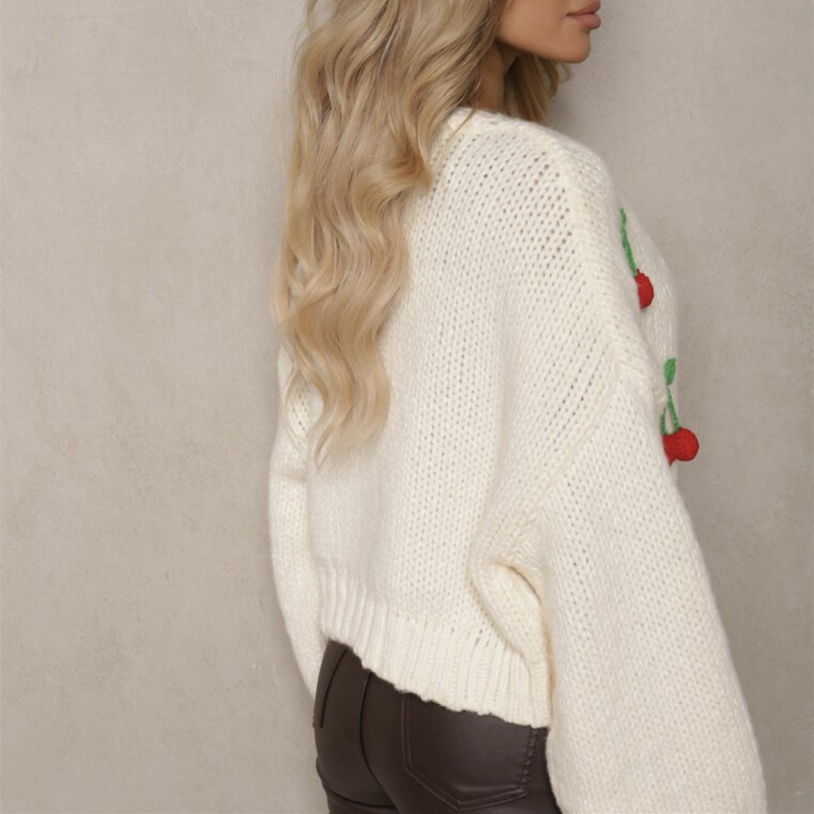 3D Cherry Pattern Women's Elegant Cardigan Sweater