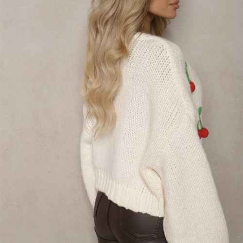3D Cherry Pattern Women's Elegant Cardigan Sweater