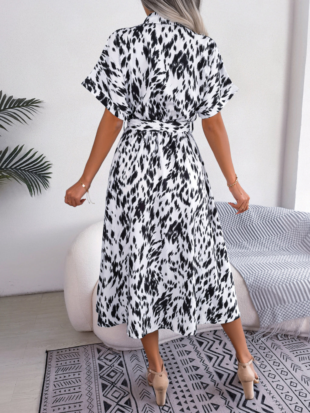Women's Casual Loose Leopard Print Tie Waist Shirt Dress