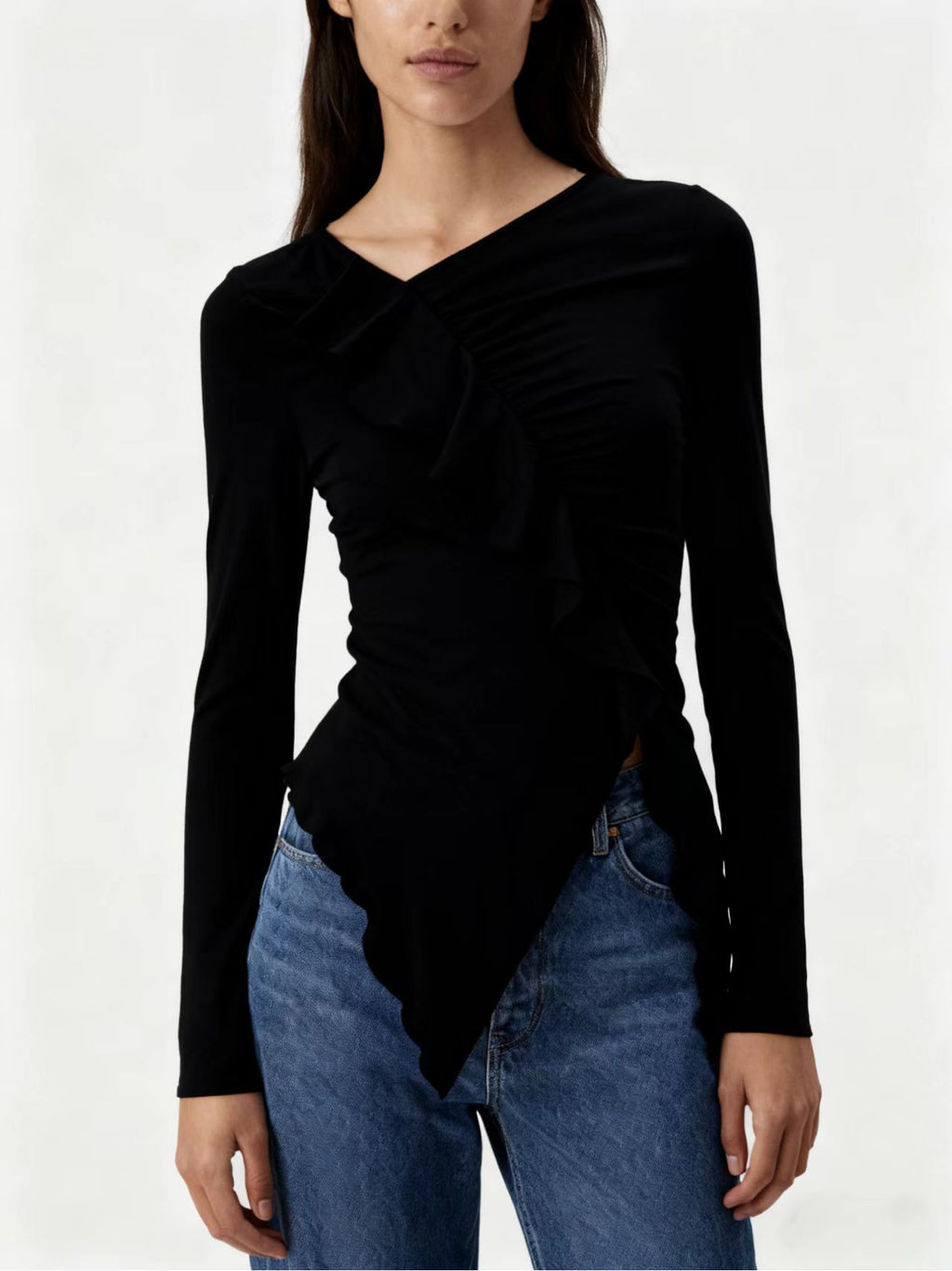Pleated Ruffled Edge Square Neck Long Sleeve Base Shirt