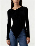 Pleated Ruffled Edge Square Neck Long Sleeve Base Shirt