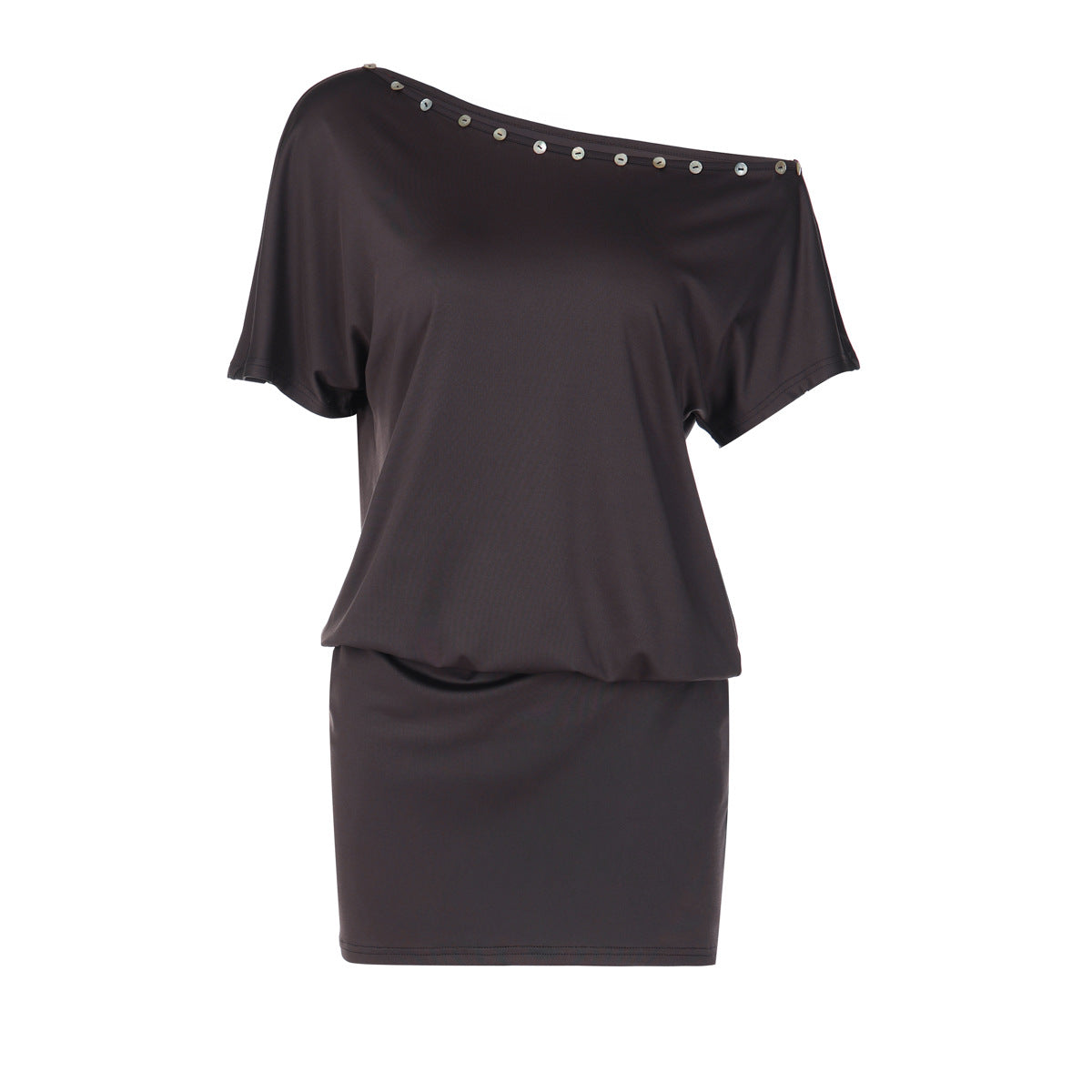 New Shell Button Slash Neck Off Shoulder Slim Fit Body Hugging Street Style Dress