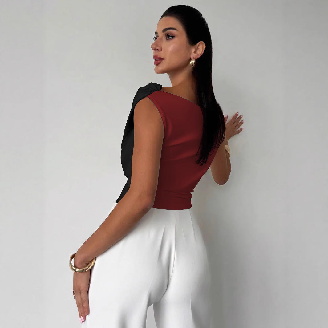 Color-blocked Asymmetric Shoulder Ruffled Hem Slim-fit Versatile Elegant Commuter Top