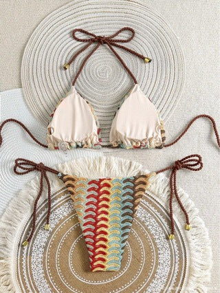 Womens Fashion Striped Lace-Up Two-Piece Bikini Swimsuit