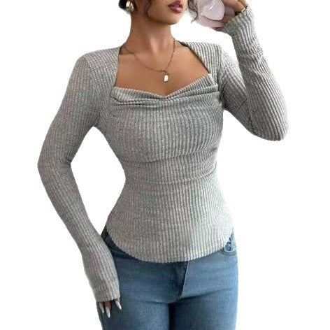 Fitted-waist Ribbed Brushed Fabric Square-neck Long-sleeve Knit Top