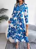 Women's Floral Print Lapel Tie Waist Shirt Maxi Dress