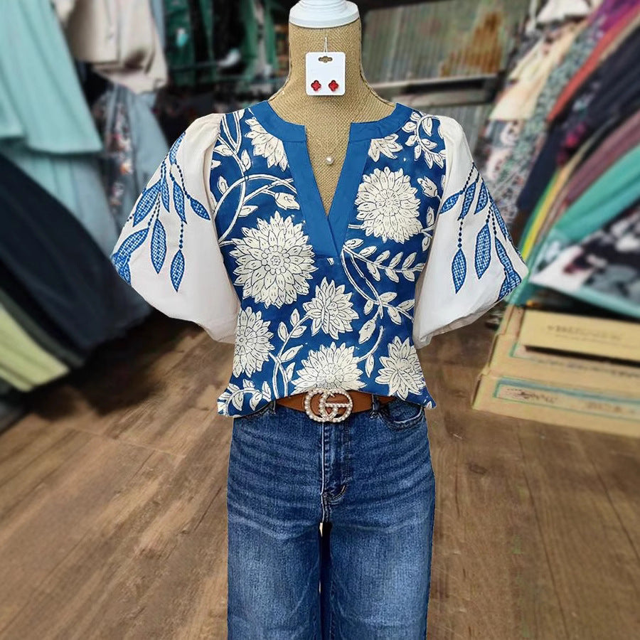 Women's Casual Loose Ethnic Print Lantern Sleeve Shirt