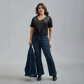 Fashion Slim-fit Casual Comfortable Versatile Black V-neck Diamond-encrusted T-shirt
