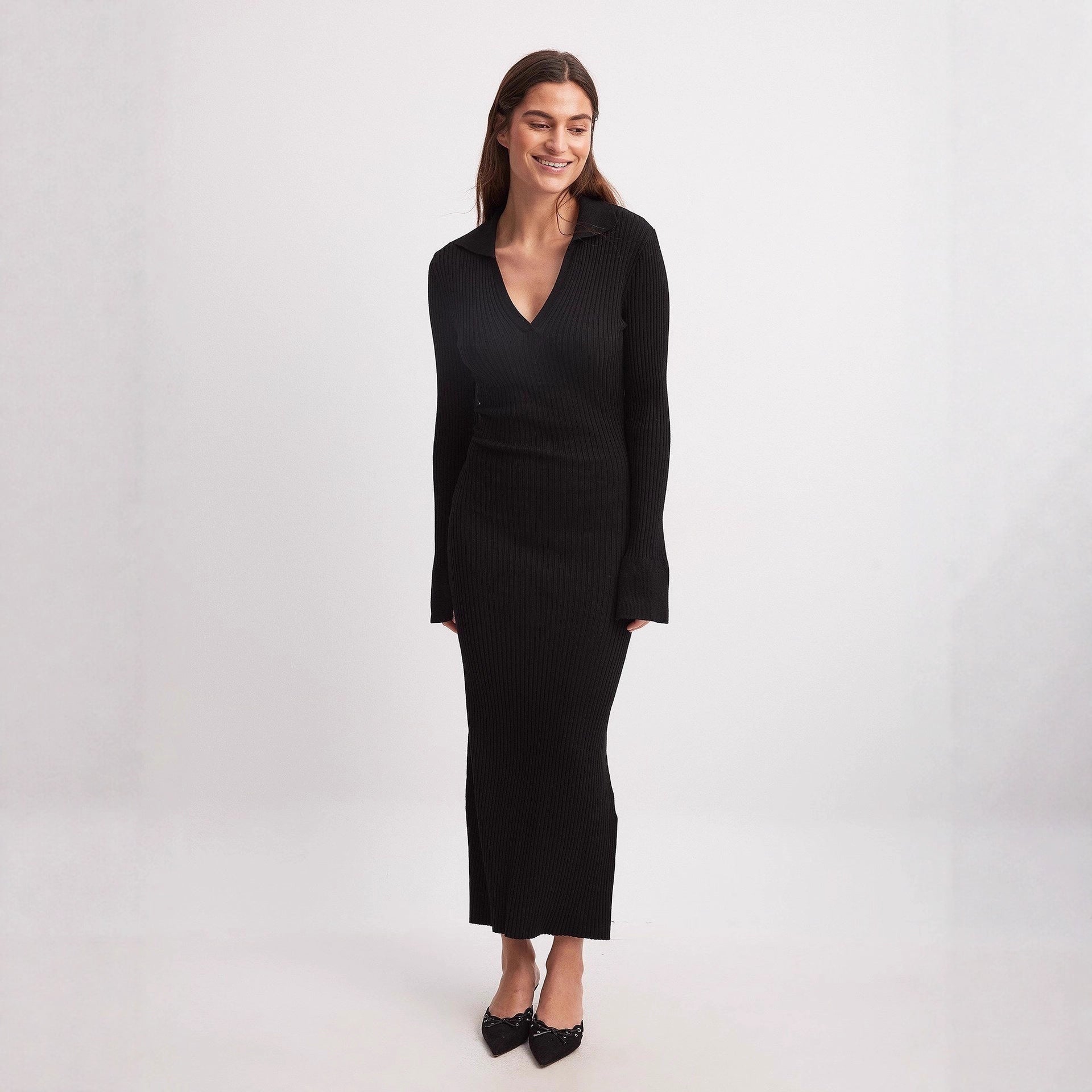 Women's Knitted Long-Sleeve Dress Deep V-Neck Sweater For Export