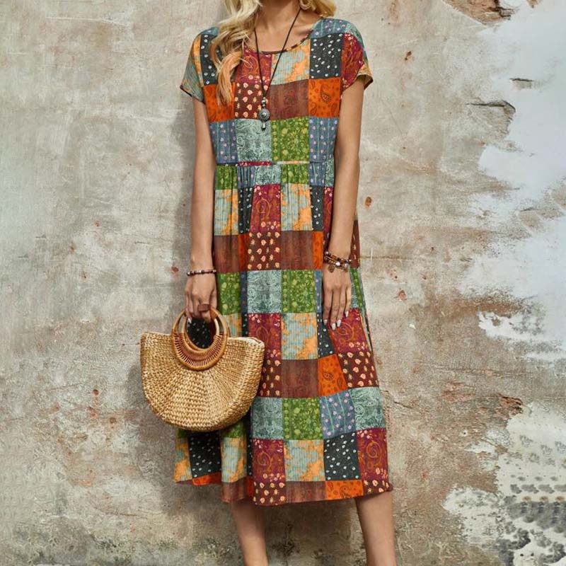 Womens Retro Colorful Polka-Dot Square-Printed Maxi Dress