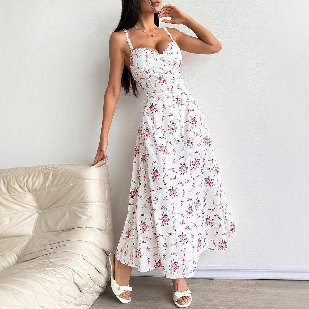 Printed Tube-top Slip Dress With Back-tie Waistband For A Slimming Effect