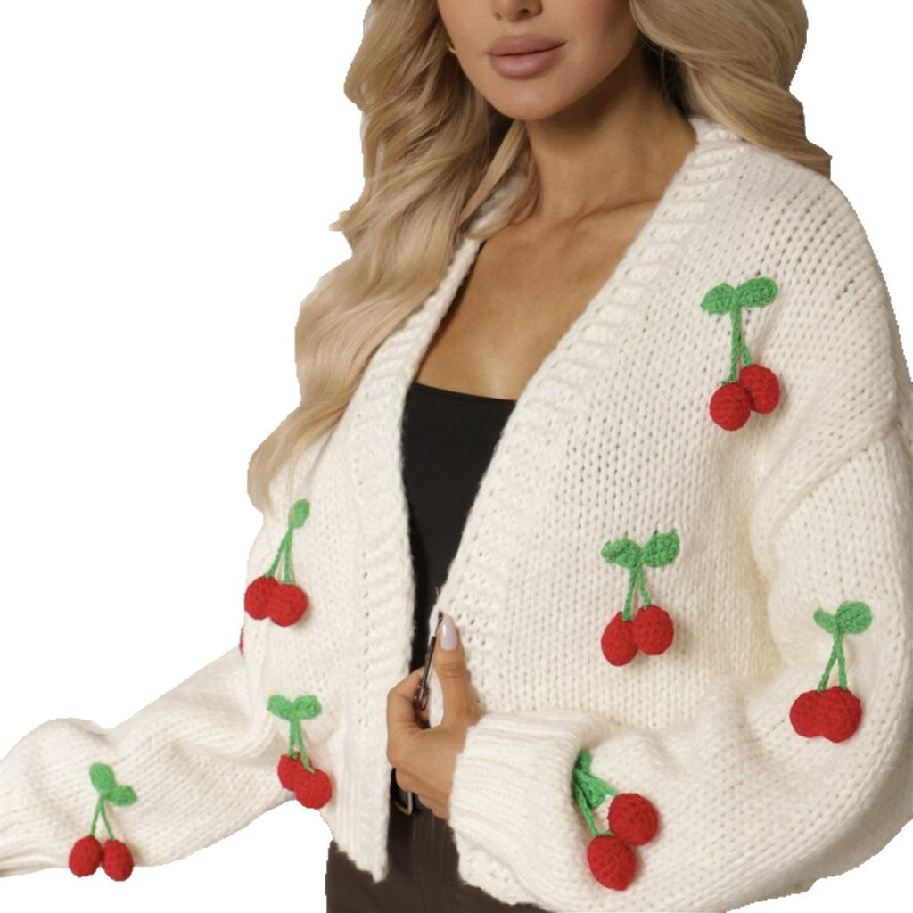 3D Cherry Pattern Women's Elegant Cardigan Sweater