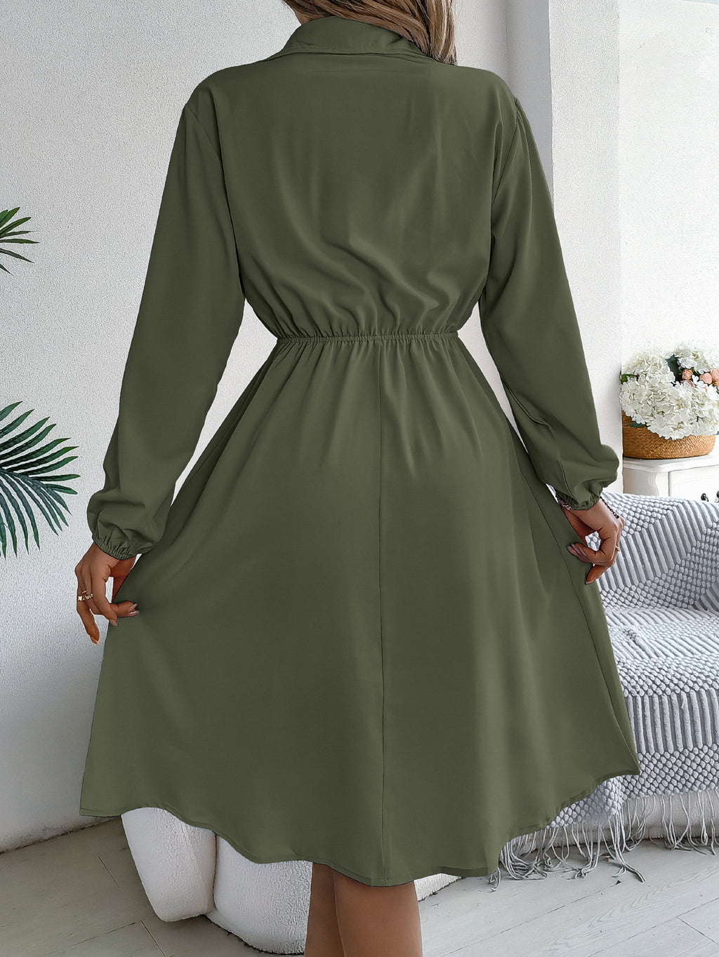 Women  Casual Button Tie Waist Long Sleeve Shirt Dress