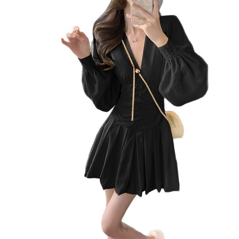 Womens French-style Cinched Waist Chiffon Solid Color Long-Sleeve Dress