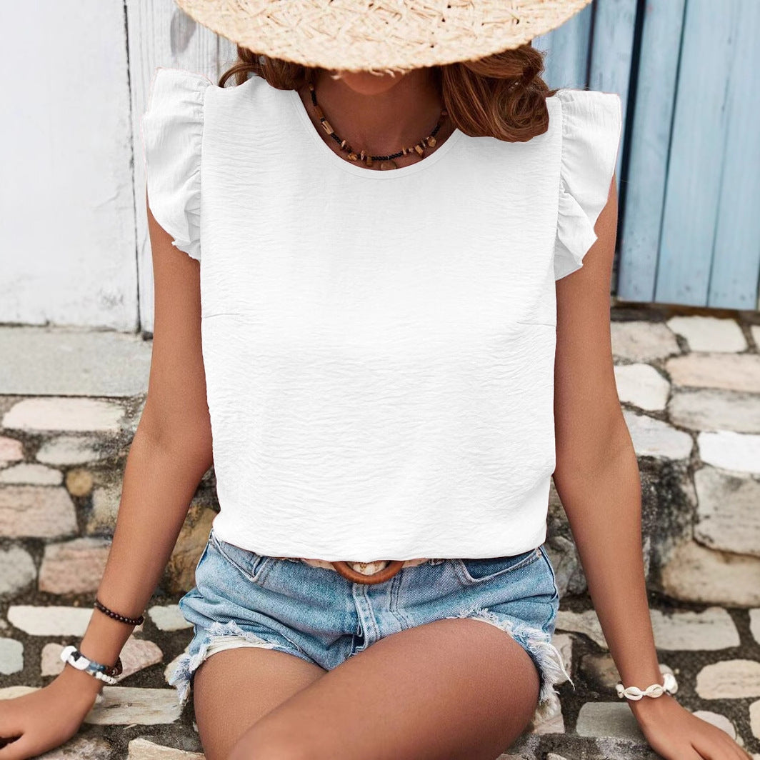 Women's Solid Color Round Neck Pullover Blouse With Ruffles