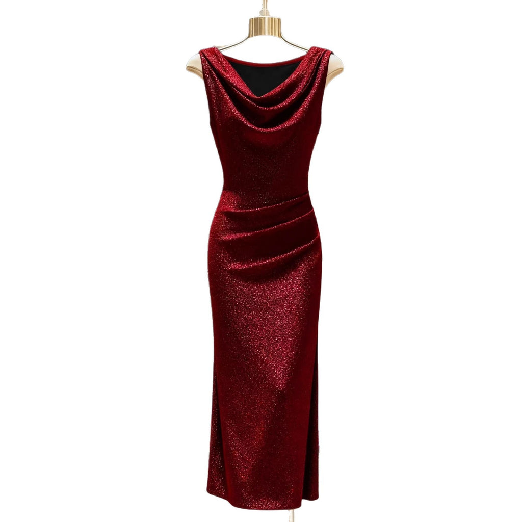 Shiny Silk Ruffled-neck Dress Thats Form-fitting And Hugs The Hips