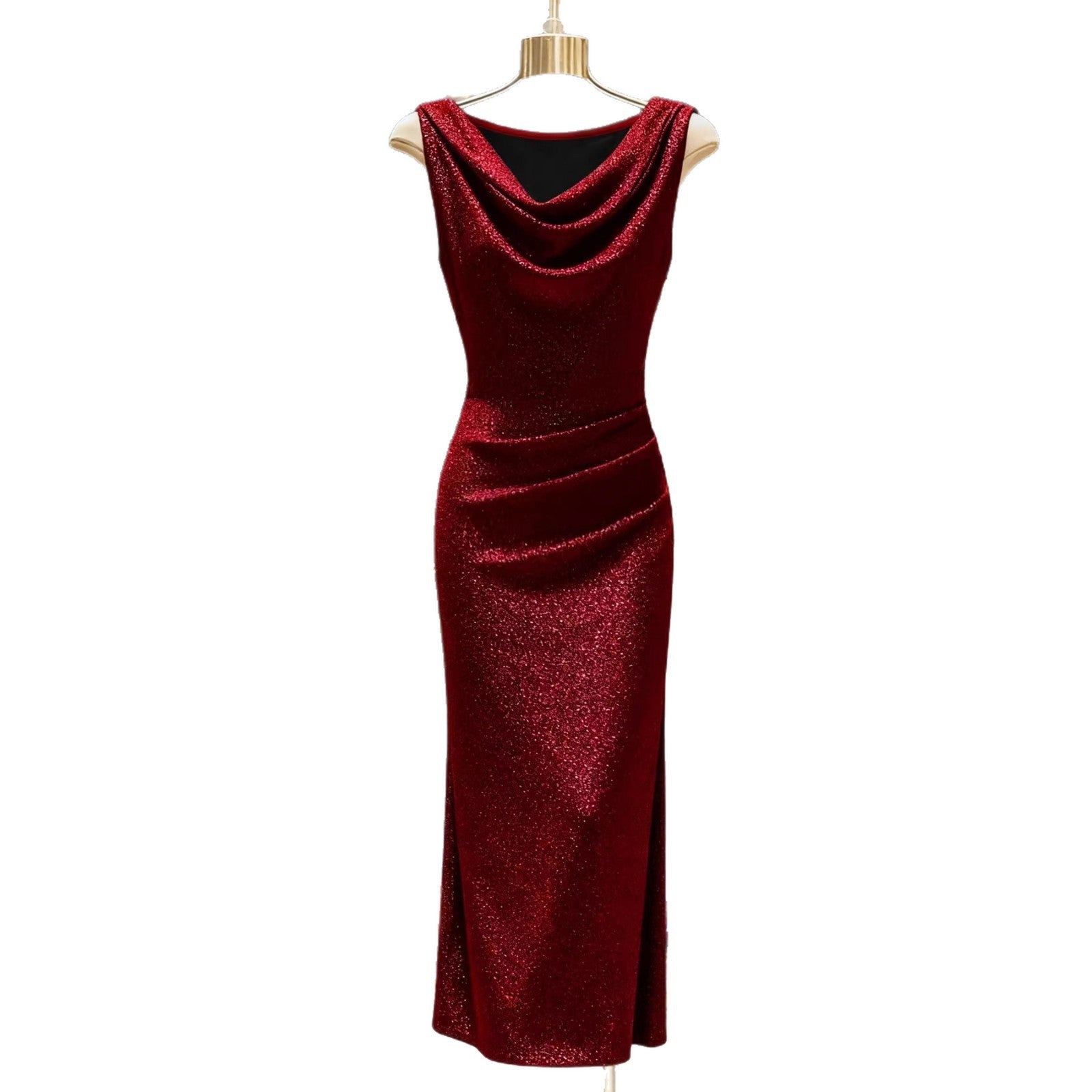 Shiny Silk Ruffled-neck Dress Thats Form-fitting And Hugs The Hips