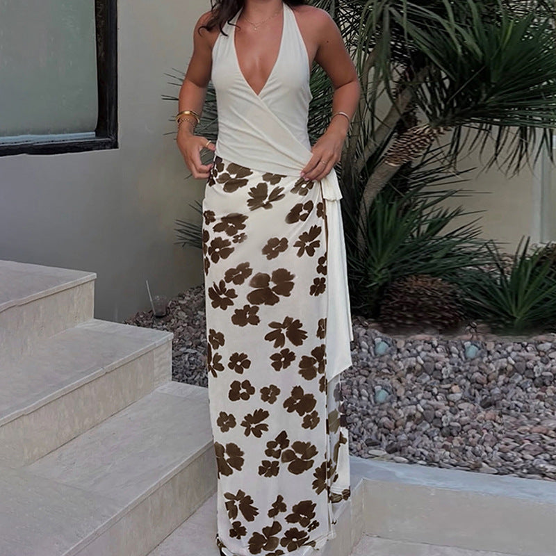 Fully Managed V-Neck Printed Patchwork Chic Long Dress