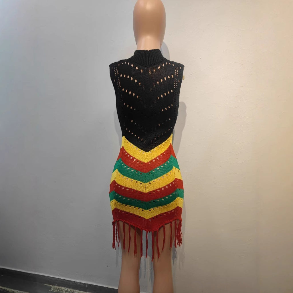 Womens Fashion High-Neck Sleeveless Hollow-Out Knitted Dress