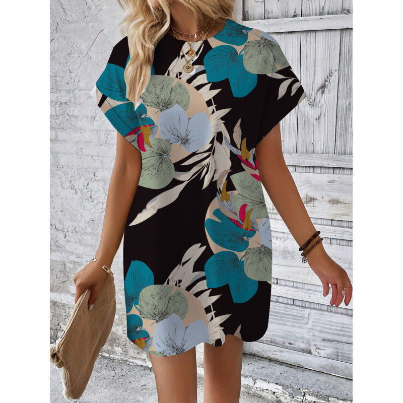 Printed Batwing Sleeve Crew Neck European And American Style Dress