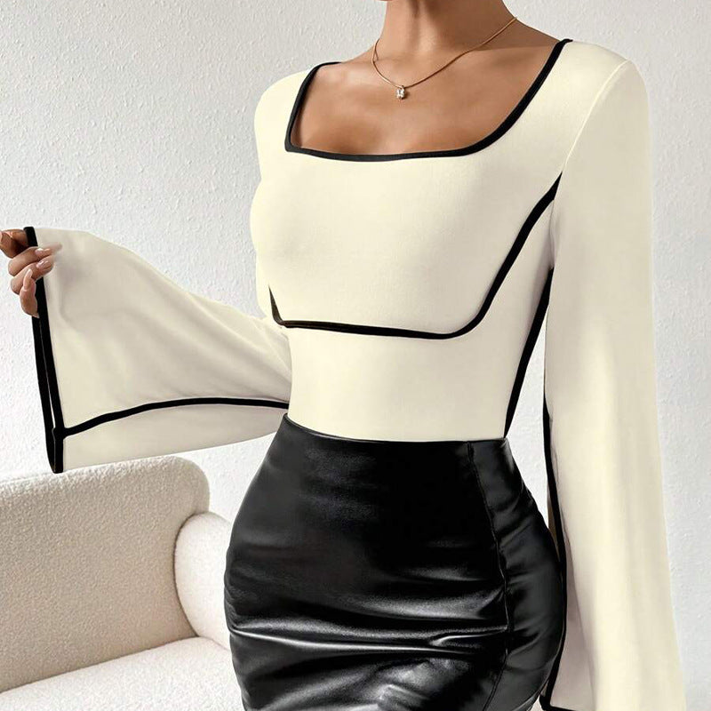 Women's Spliced Mandarin-collar Flared-sleeve