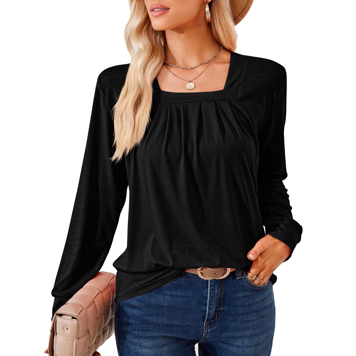 Loose-fitting T-shirt With A Square Neckline Pleats And Long Sleeves