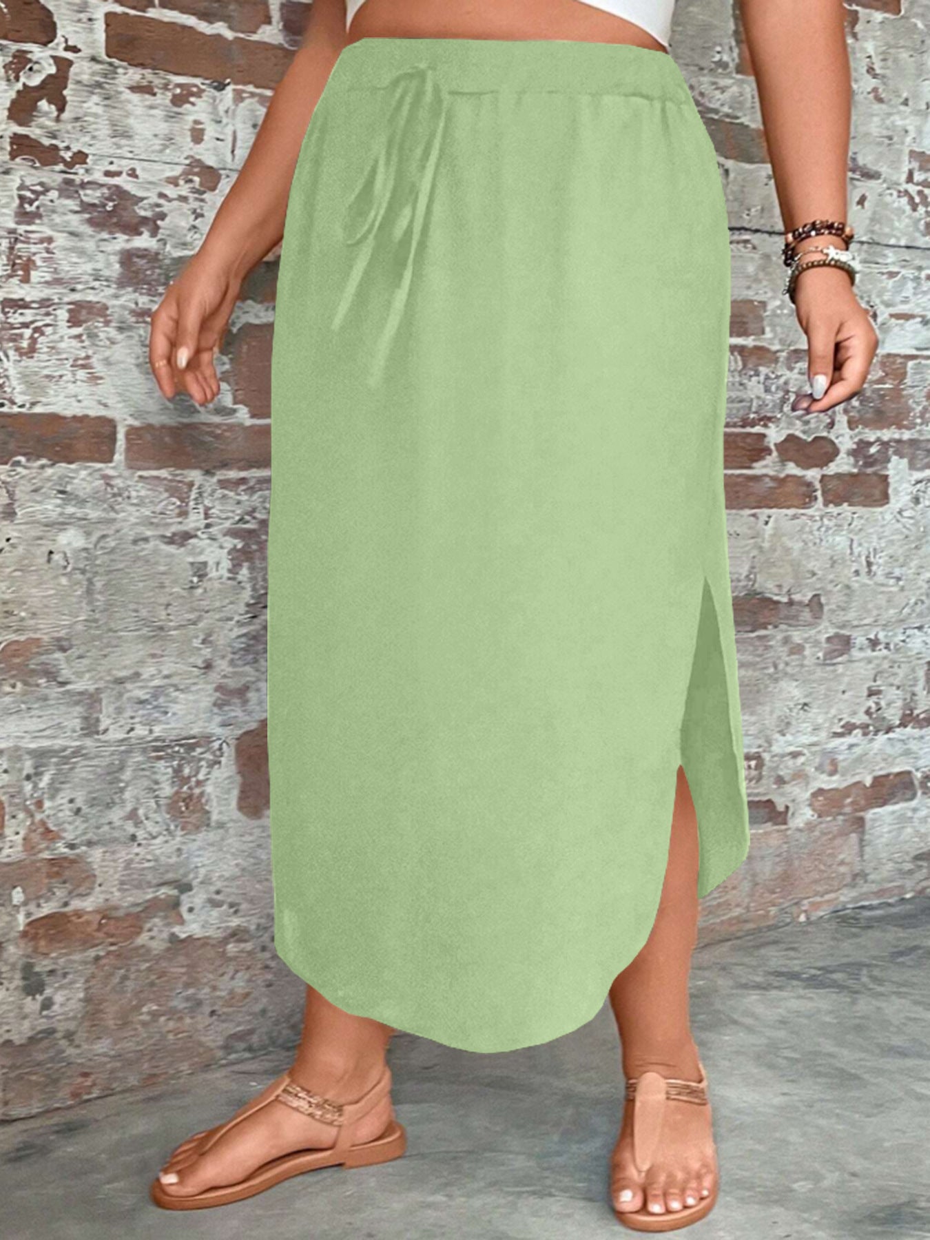 Plus-size Womens Solid-color Slim-fit Tie-front Split Skirt