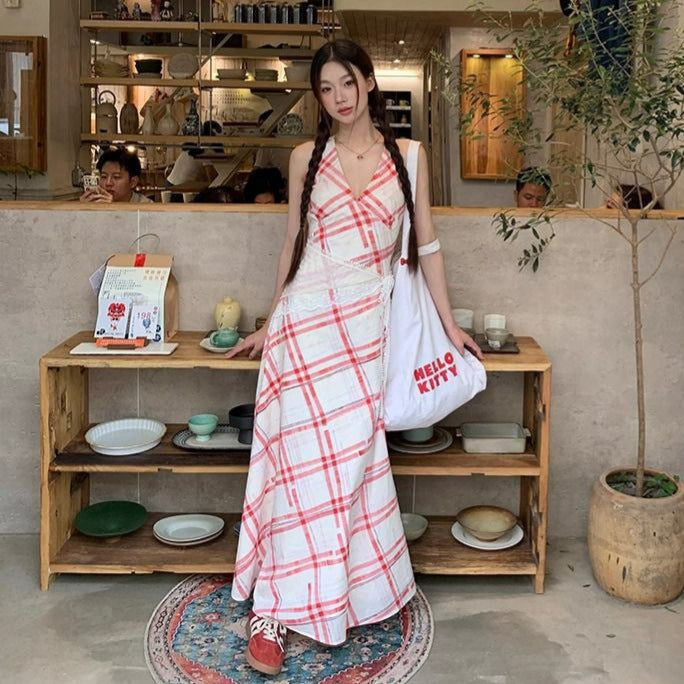 Sleeveless Cinched-waist Elegant Red Plaid Dress