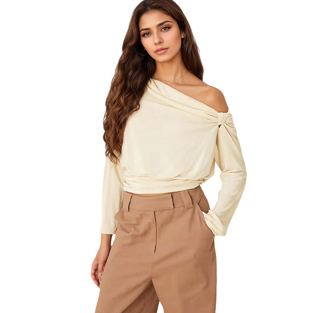 Autumn And Winter Outfit Small Design Sense Pleated Waist Single Shoulder Short Top Women