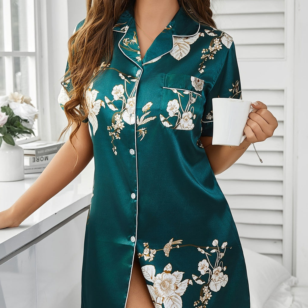 Printed Casual Shirt Dress Viscose Sleepwear Robe Lapel Collar With Short Sleeves