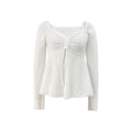 Winter New Elegant Women Solid Color U-neck Spliced Tie Lace Long Sleeve Top