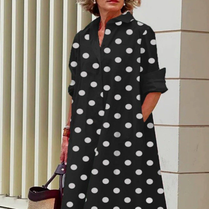 Elegant Polka-dot Printed Shirt-collar Mid-length Dress With Long Sleeves